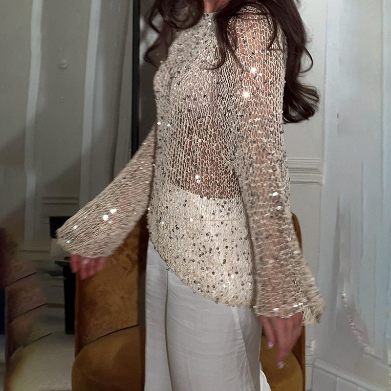 Women's Sequin Mesh Top - Long Sleeve Sheer See Through Sexy Blouse