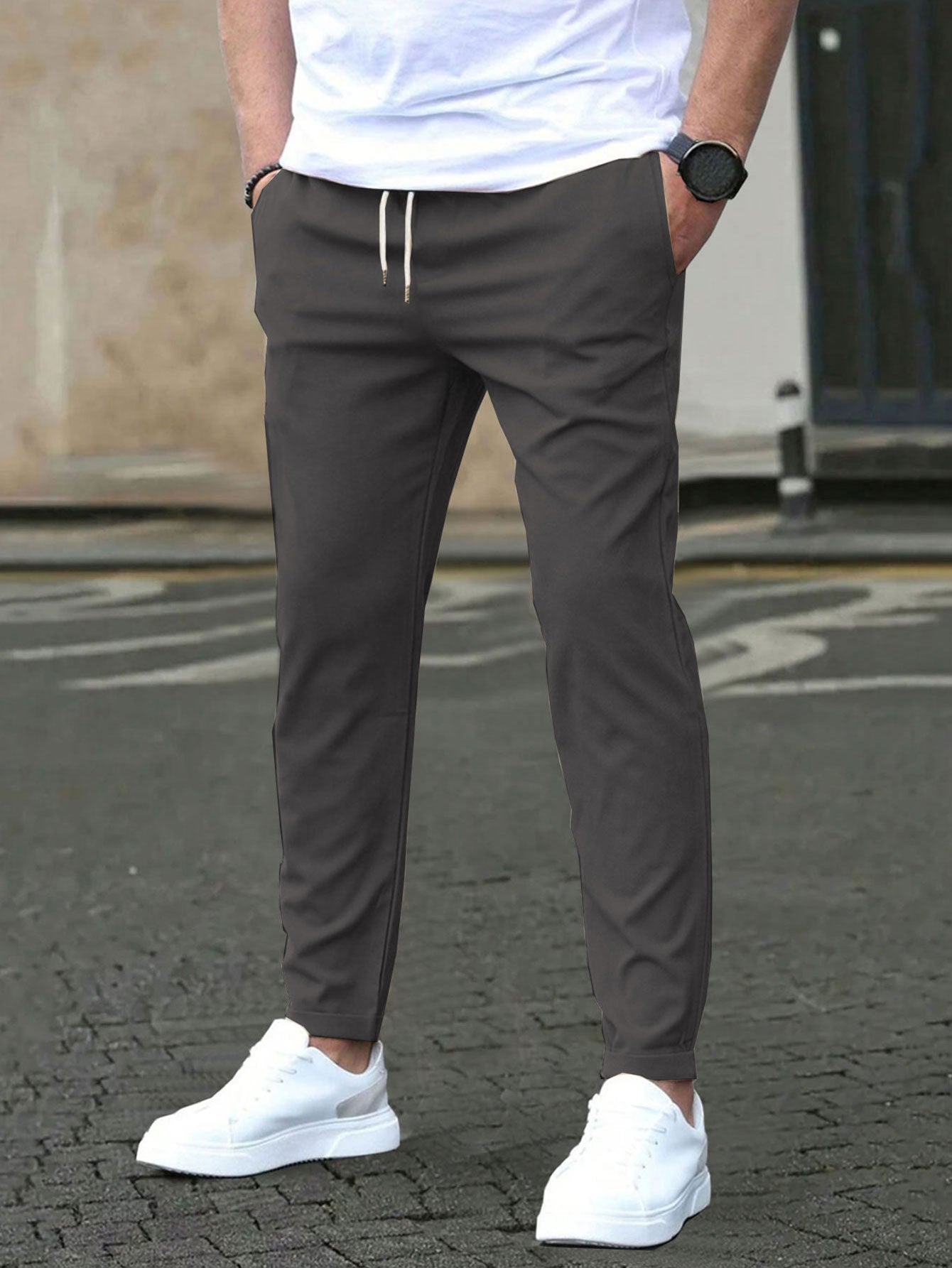 Casual Slim Fit Leather Tag Cropped Pants Solid Color Pants