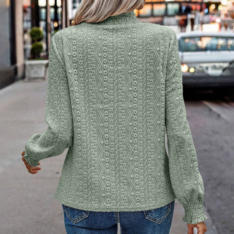 Women's Textured Blouse - Elegant Eyelet Ruffle Collar Long Sleeve Shirt, Dressy Casual Work Top