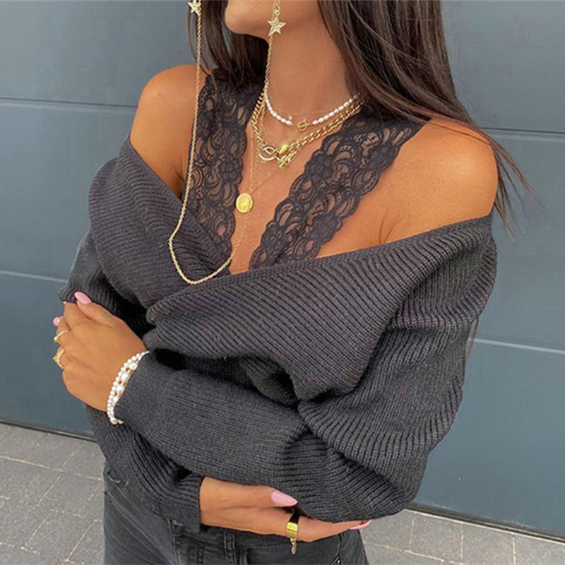 Women's Off-Shoulder Lace Trim Top, Slim Fit Long Sleeve Sexy Y2K Blouse