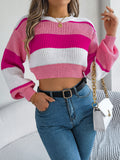 Casual Color-Block Lantern Sleeve Cropped Sweater