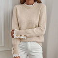 Women's Lace Trim Mock Neck Sweater - Cozy Fall Pullover With Elegant Button Detail