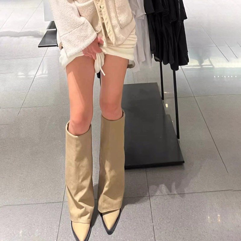 Осенне-зимние новые остроносые сапоги-чулки на массивном каблуке
