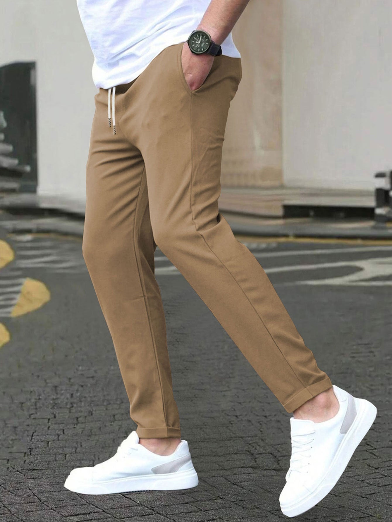 Casual Slim Fit Leather Tag Cropped Pants Solid Color Pants