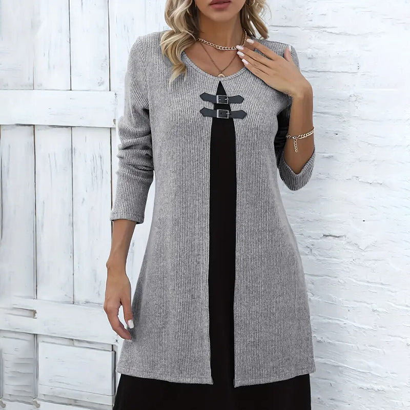 Women's Color-Block Midi Dress, Long Sleeve Faux Two-Piece Daily Dress