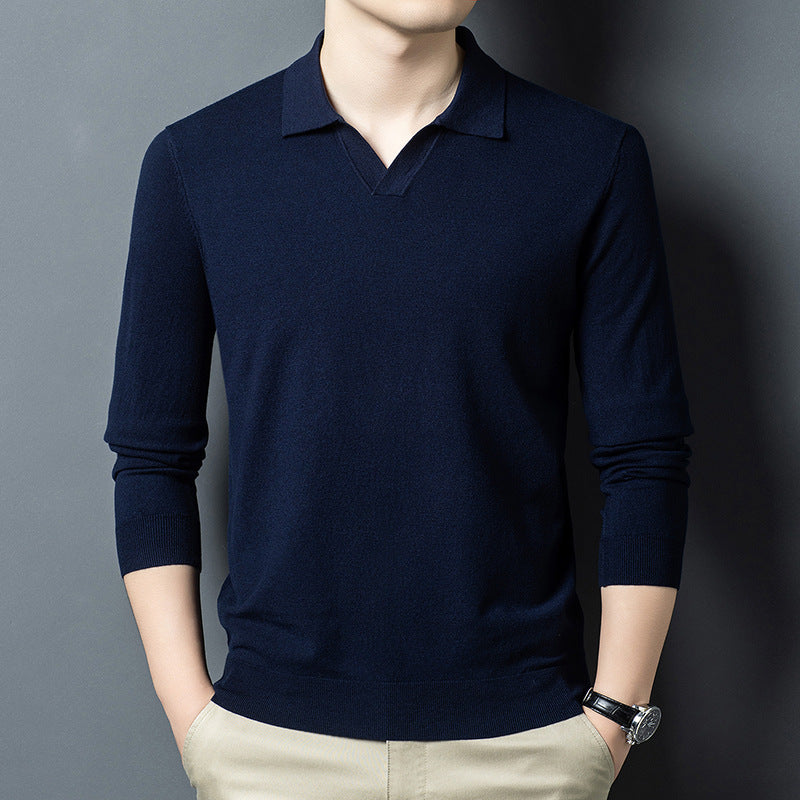Мужская трикотажная рубашка-поло с длинным рукавом и воротником-чайкой, цвет: шерсть, антипиллинг, осенне-весенний
