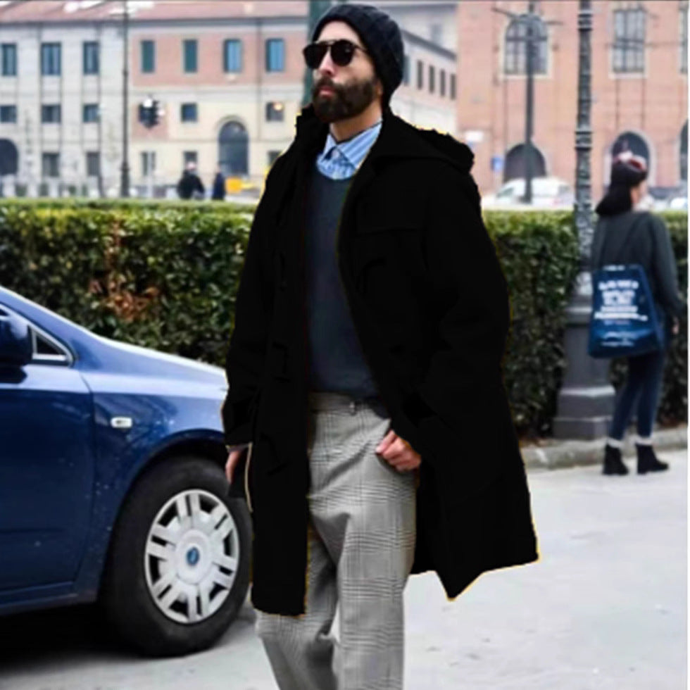 Retro Horn Button Hooded Woolen Trench Coat Men