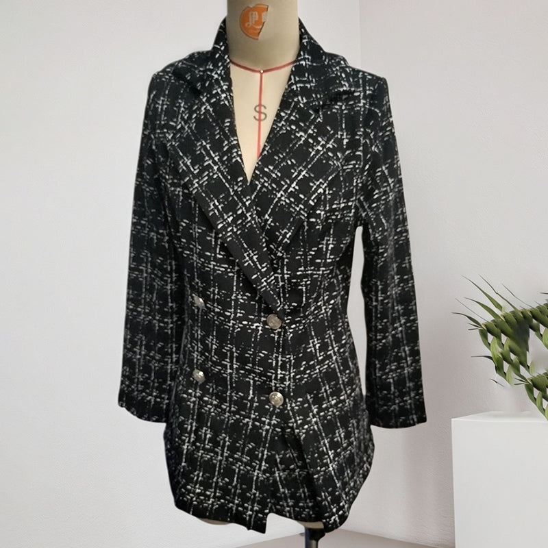 Elegant Women's Plaid Double-Breasted Blazer, Notch Lapel Long Sleeve Tweed Jacket For Office And Casual Wear