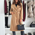Women's Double Breasted Wool Trench Coat, Notch Lapel Midi Long Winter Coat With Belt