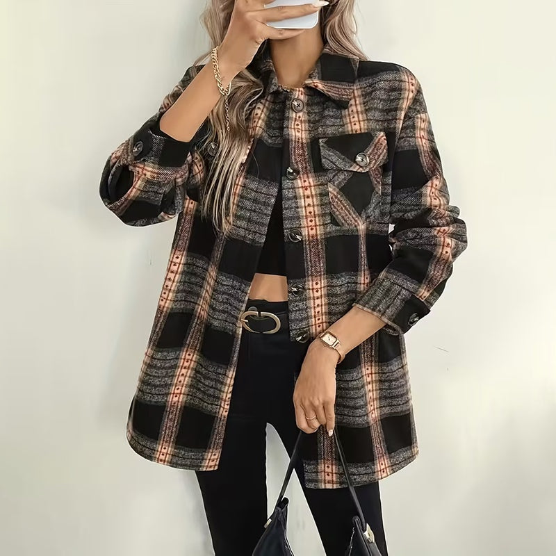 Women's Plaid Fleece Lined Jacket, Thickened Lapel Collar Long Sleeve Coat With Chest Pocket