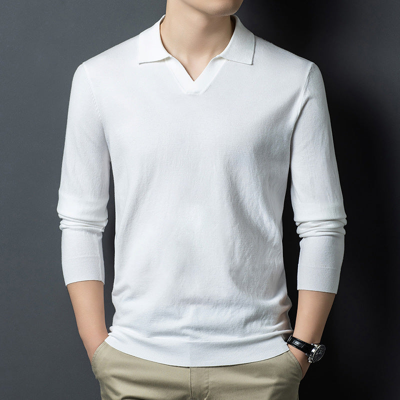 Мужская трикотажная рубашка-поло с длинным рукавом и воротником-чайкой, цвет: шерсть, антипиллинг, осенне-весенний