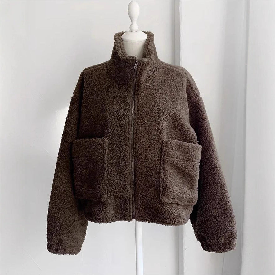 Vintage Semi-high Collar Versatile Thickened Warm Lambswool Coat For Women