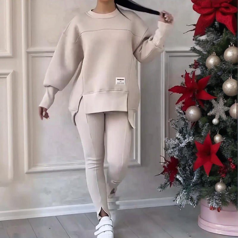 Women's Solid Color 2-Piece Set, Loose Fit Top With Slit Hem & Slim Fit Pants For Spring And Fall