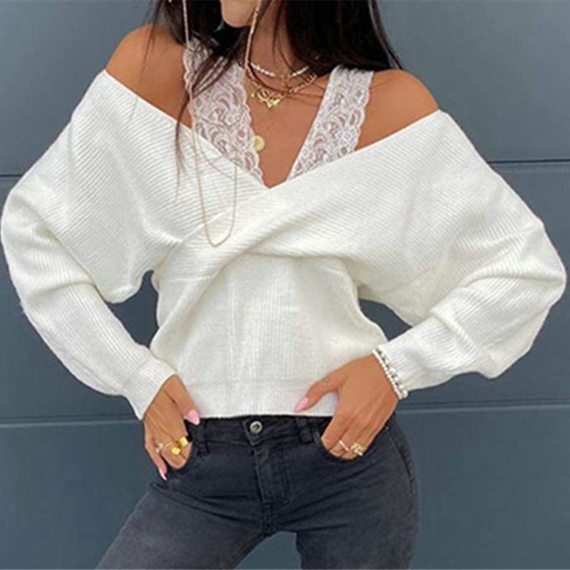 Women's Off-Shoulder Lace Trim Top, Slim Fit Long Sleeve Sexy Y2K Blouse