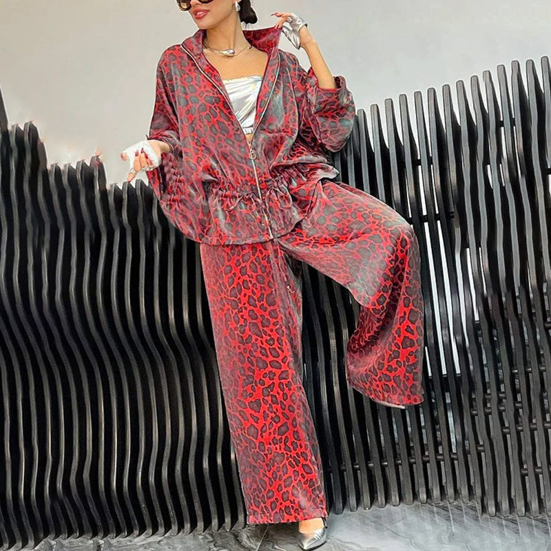 Women's Casual 2-Piece Set, Drawstring Leopard Print Zip-Up Top & Wide Leg Pants For Spring Fall
