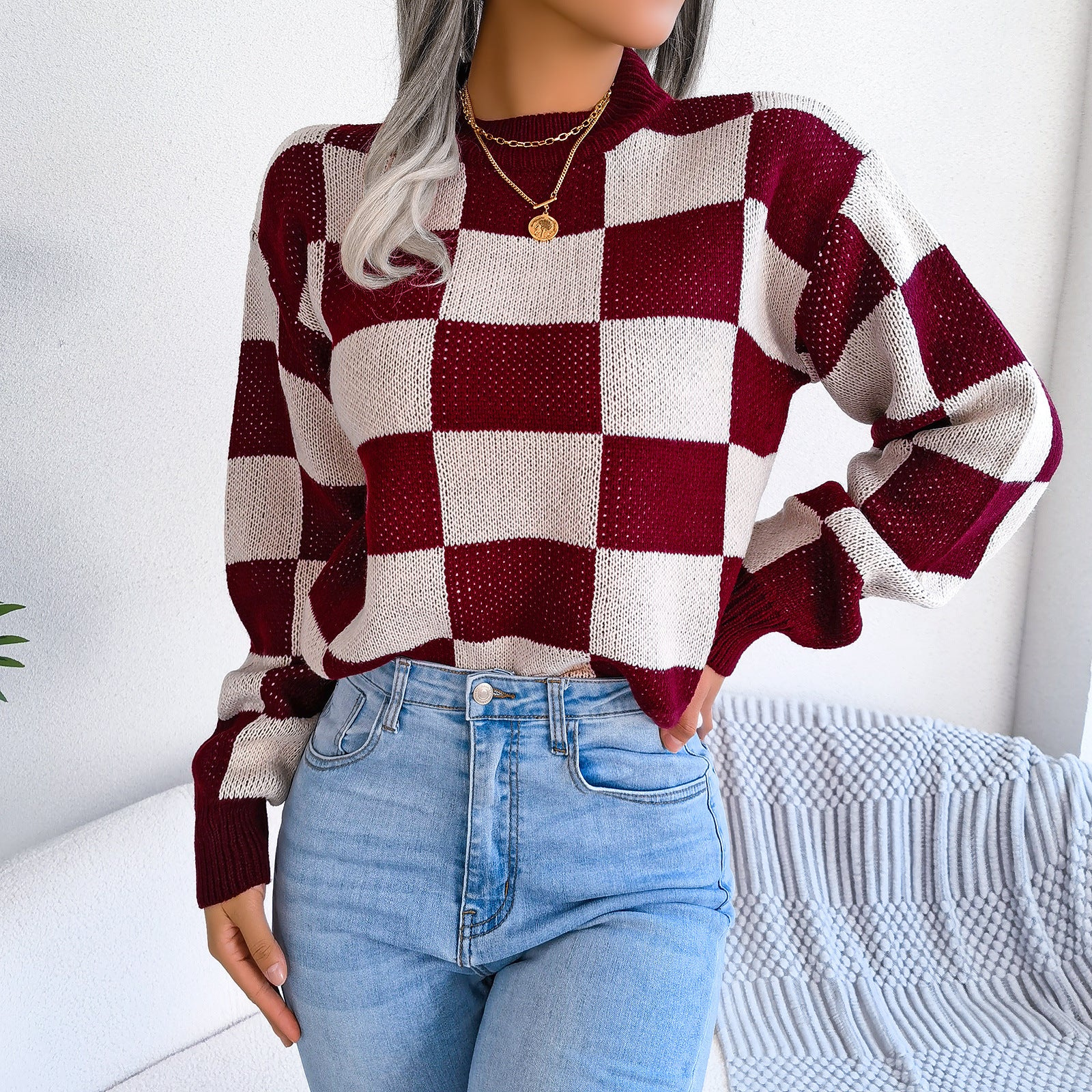 Women's Checkered Crewneck Sweater - 2025 Spring Fall Fashion Loose Pullover Top