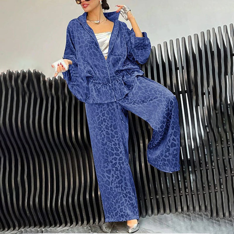 Women's Casual 2-Piece Set, Drawstring Leopard Print Zip-Up Top & Wide Leg Pants For Spring Fall