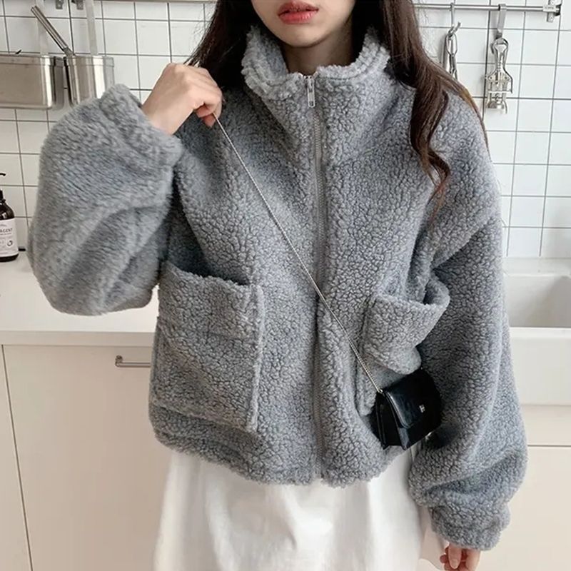 Vintage Semi-high Collar Versatile Thickened Warm Lambswool Coat For Women