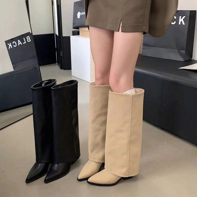 Осенне-зимние новые остроносые сапоги-чулки на массивном каблуке