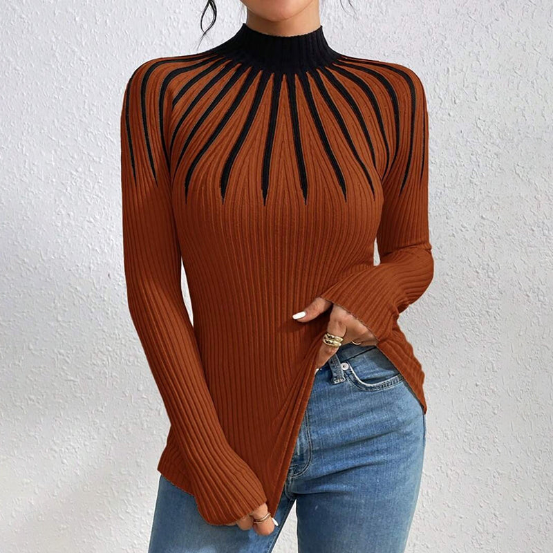 Women's Slim Fit Mock Neck Sweater, Ribbed Striped Long Sleeve Knit For Fall Winter 2025