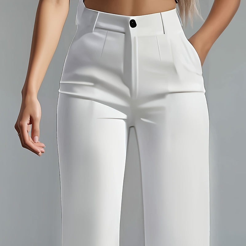Women's Solid Color High-Waisted Wide Leg Pants, Relaxed Fit Straight Leg Trousers With Zip-Fly For Daily Wear