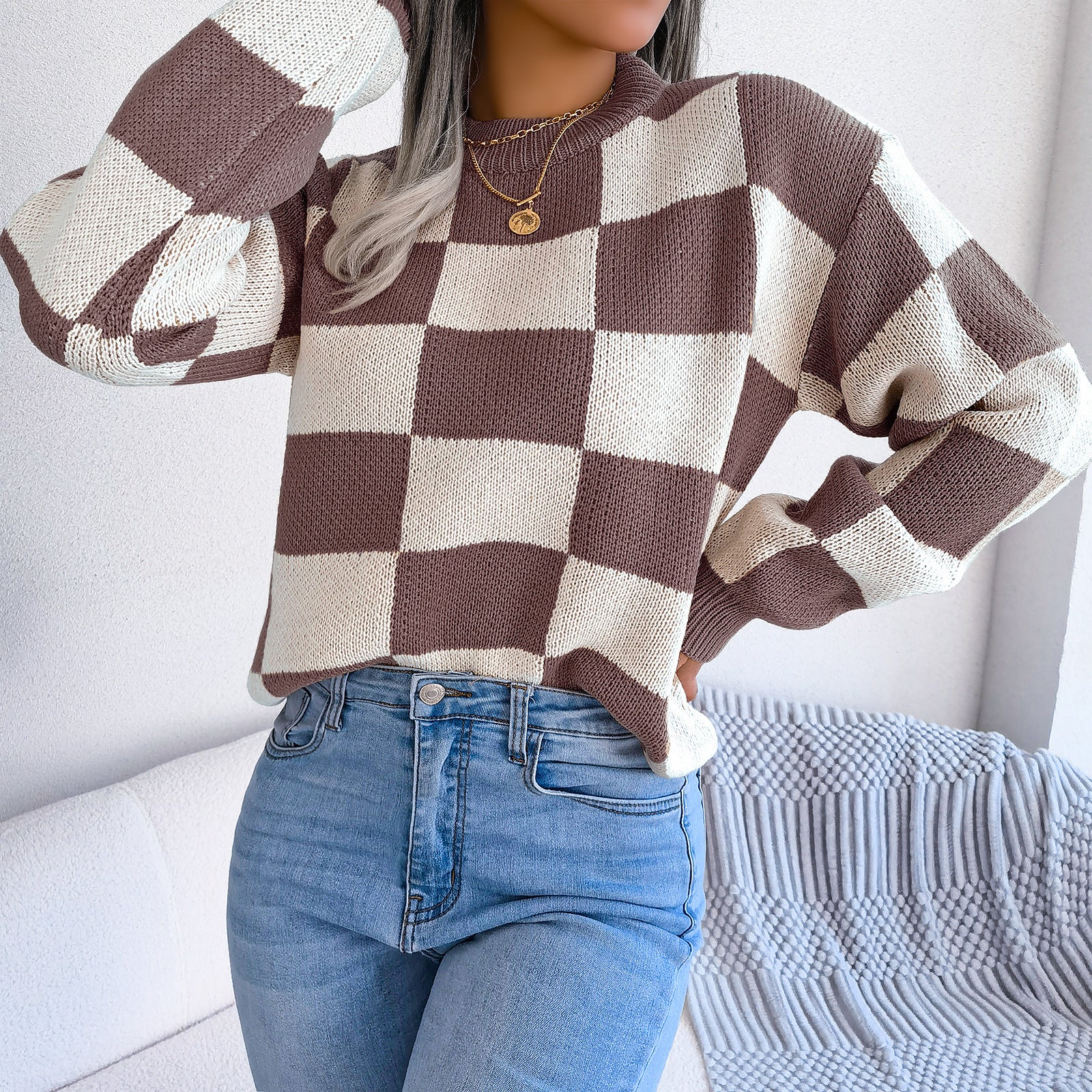 Women's Checkered Crewneck Sweater - 2025 Spring Fall Fashion Loose Pullover Top