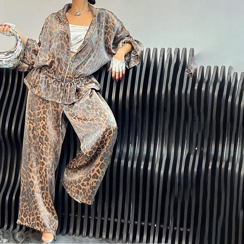 Women's Casual 2-Piece Set, Drawstring Leopard Print Zip-Up Top & Wide Leg Pants For Spring Fall