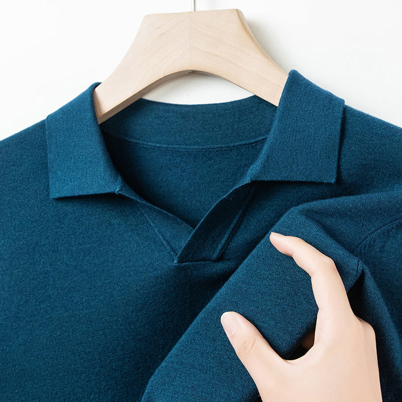 Мужская трикотажная рубашка-поло с длинным рукавом и воротником-чайкой, цвет: шерсть, антипиллинг, осенне-весенний