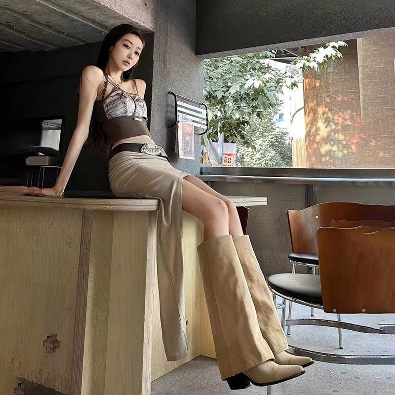 Осенне-зимние новые остроносые сапоги-чулки на массивном каблуке