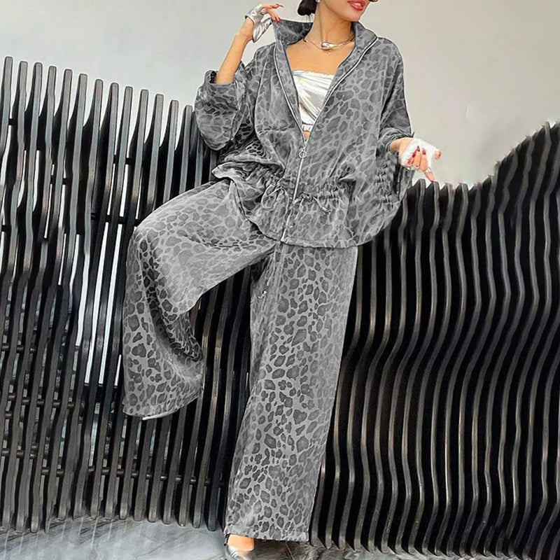 Women's Casual 2-Piece Set, Drawstring Leopard Print Zip-Up Top & Wide Leg Pants For Spring Fall