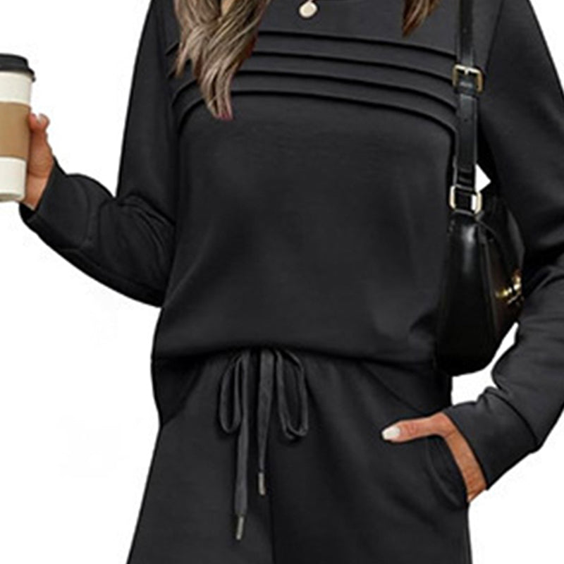 Women's Solid Color 2-Piece Set, Crew Neck Long Sleeve Ruffle Design Top With Tie-Waist Wide Leg Pants For Spring And Fall