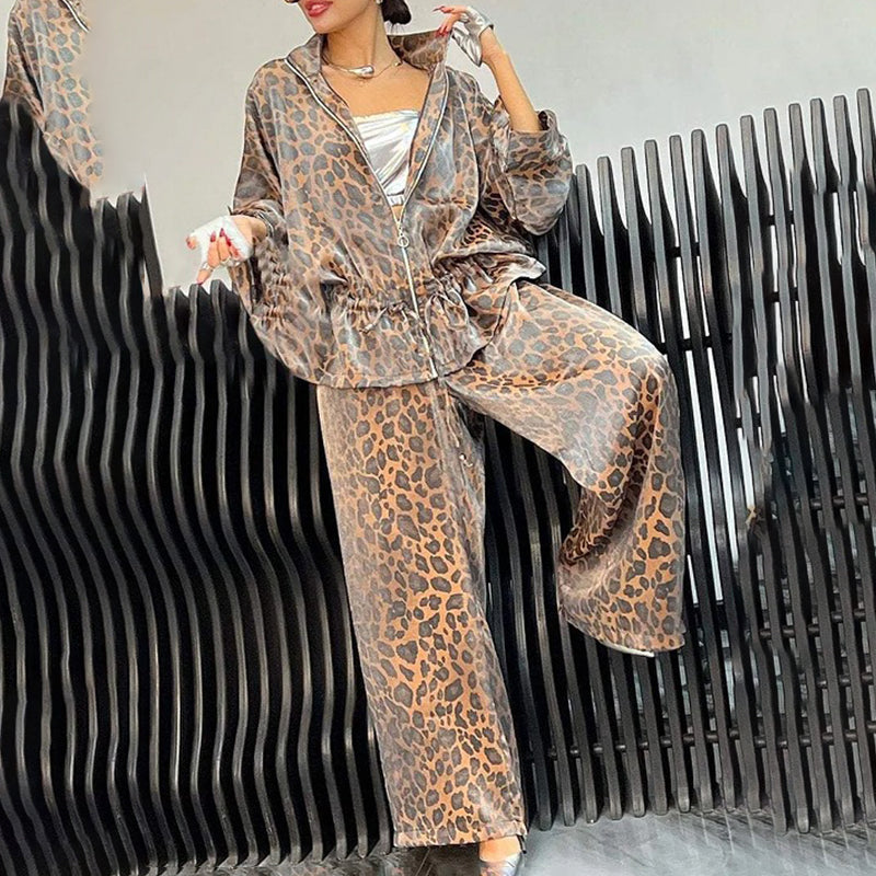 Women's Casual 2-Piece Set, Drawstring Leopard Print Zip-Up Top & Wide Leg Pants For Spring Fall