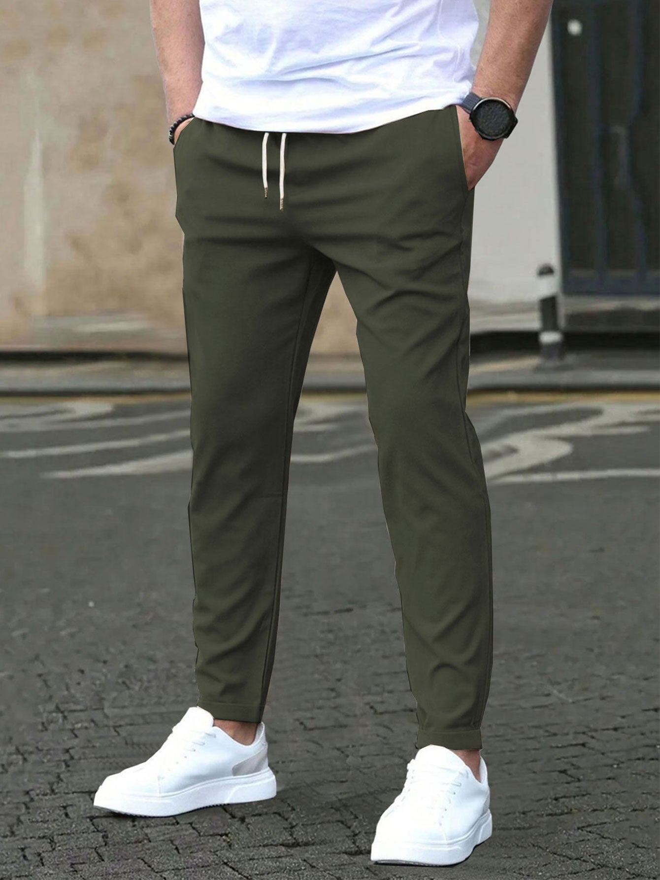 Casual Slim Fit Leather Tag Cropped Pants Solid Color Pants