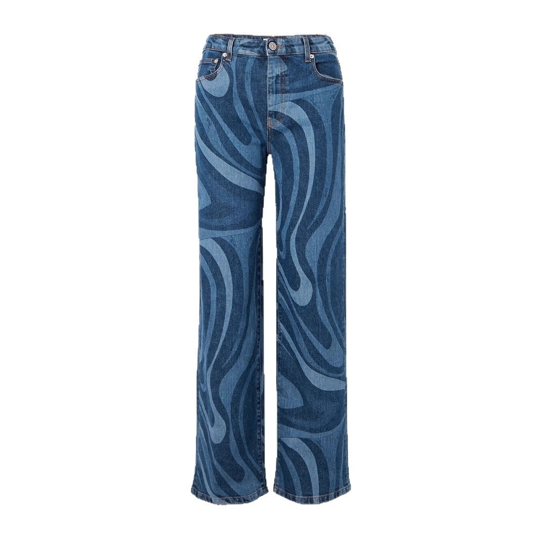 Women's Casual Water Wave Print Straight Leg Denim Pants