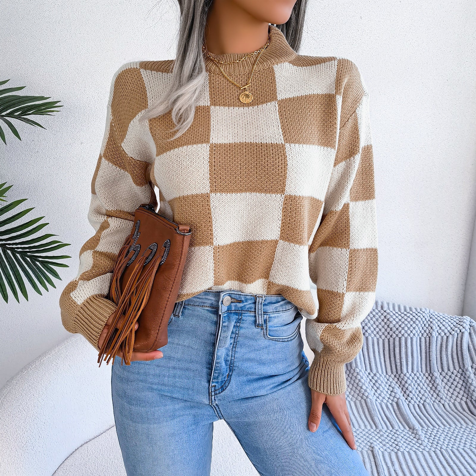 Women's Checkered Crewneck Sweater - 2025 Spring Fall Fashion Loose Pullover Top