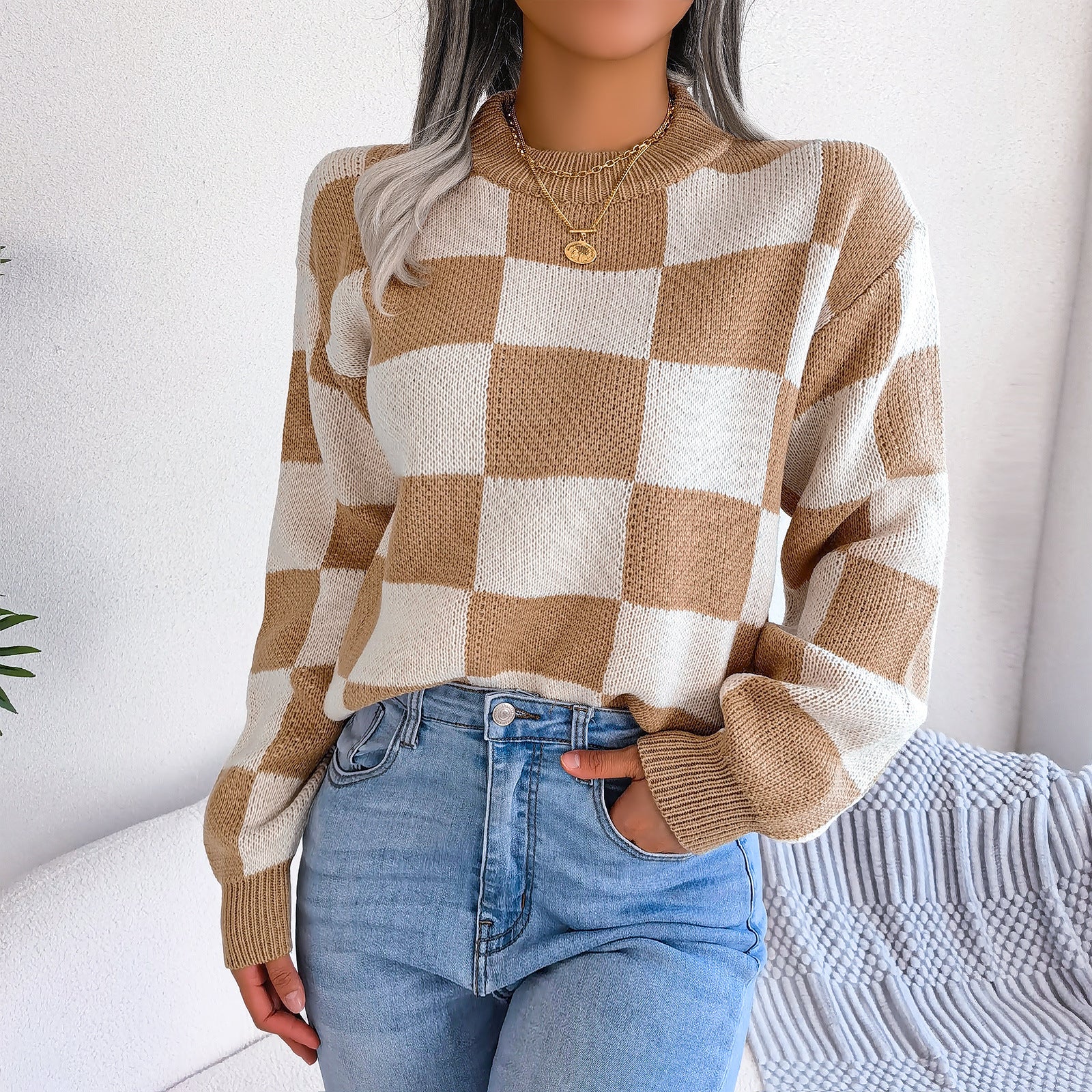 Women's Checkered Crewneck Sweater - 2025 Spring Fall Fashion Loose Pullover Top